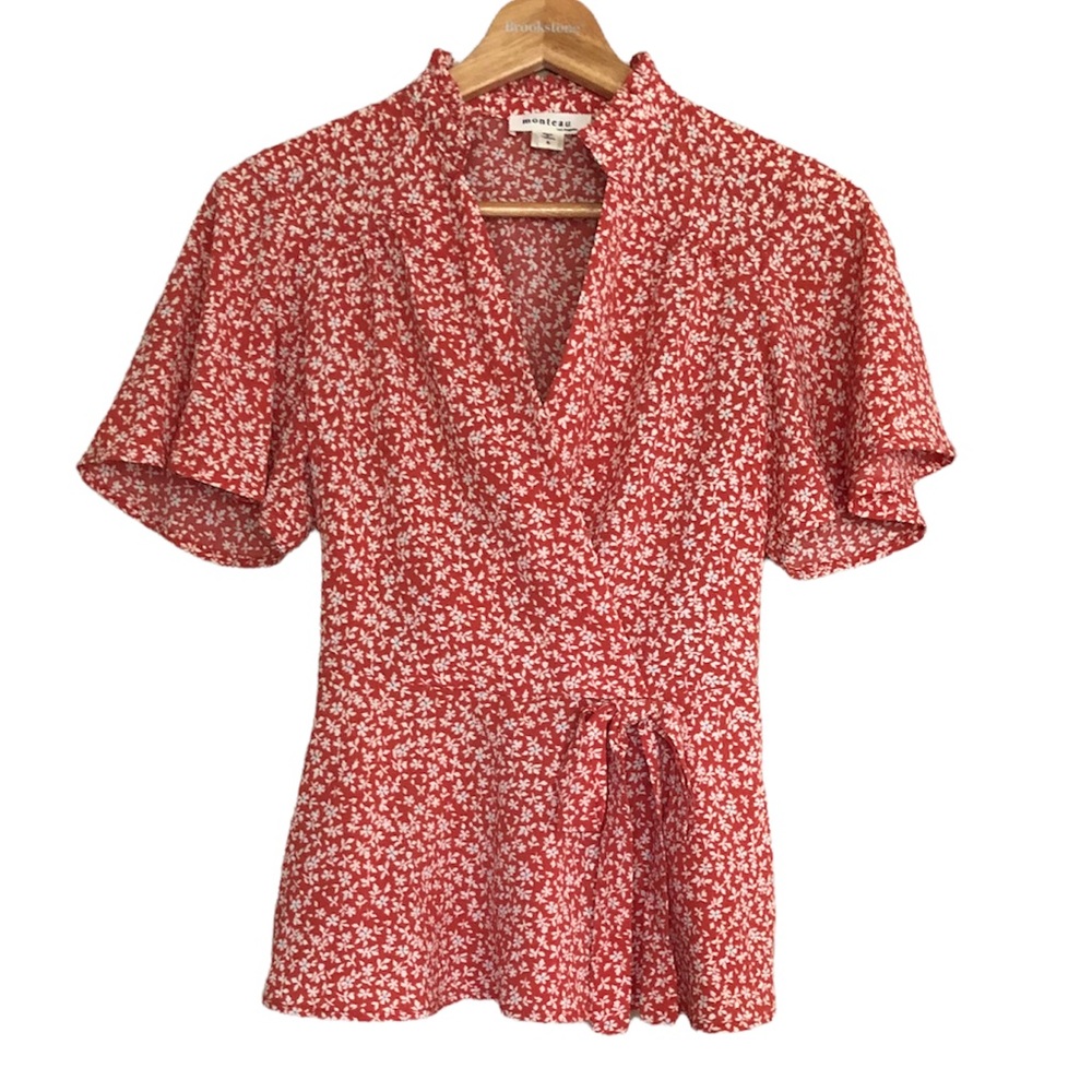 Monteau Women’s Floral Ruffle Sleeve Blouse Top Size S